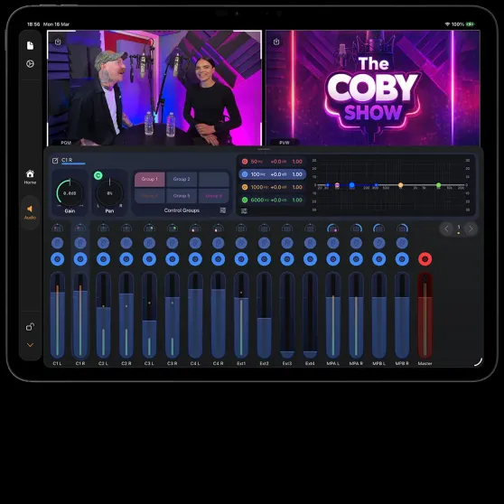 Mavis Studio on an iPad showing live video previews and its audio mixing desk