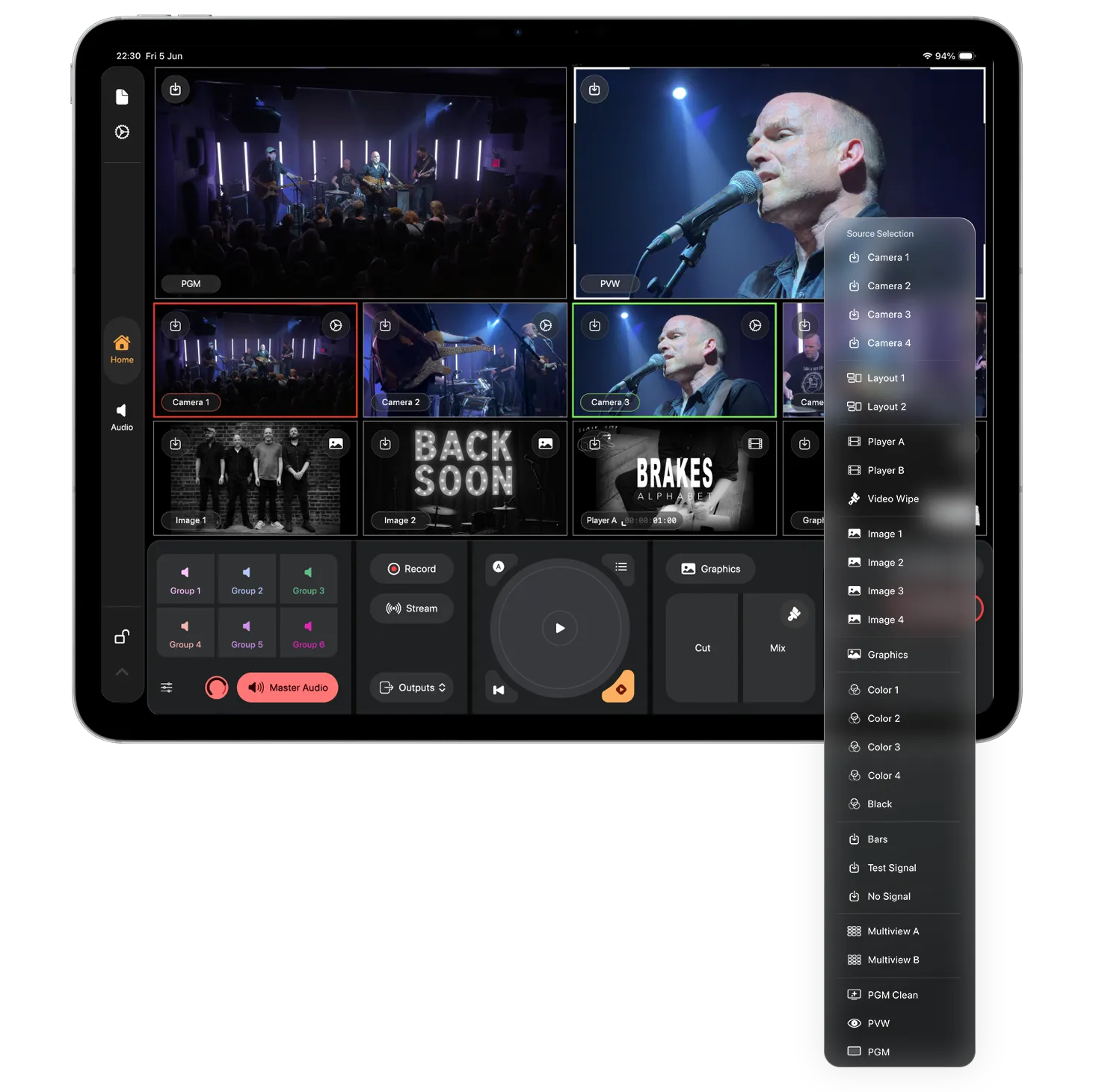 Mavis Studio multicam view showing program, preview and camera inputs on one screen